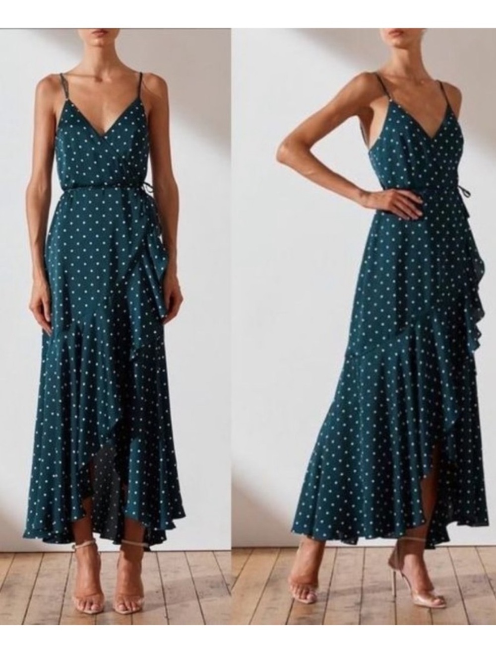 Shona Joy Martina Emerald Polka Dot Wrap Midi Dress - Picture 2 of 7